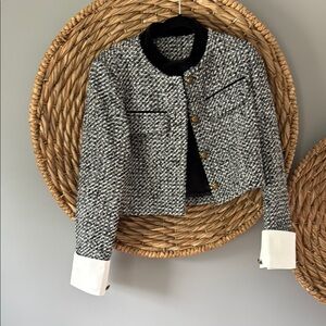 Commense Black and White Cropped Blazer Classic Tweed Style